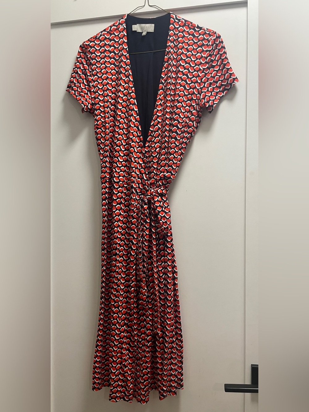 HOBBS London Geometric Red Midi Wrap Dress with Tie Waist